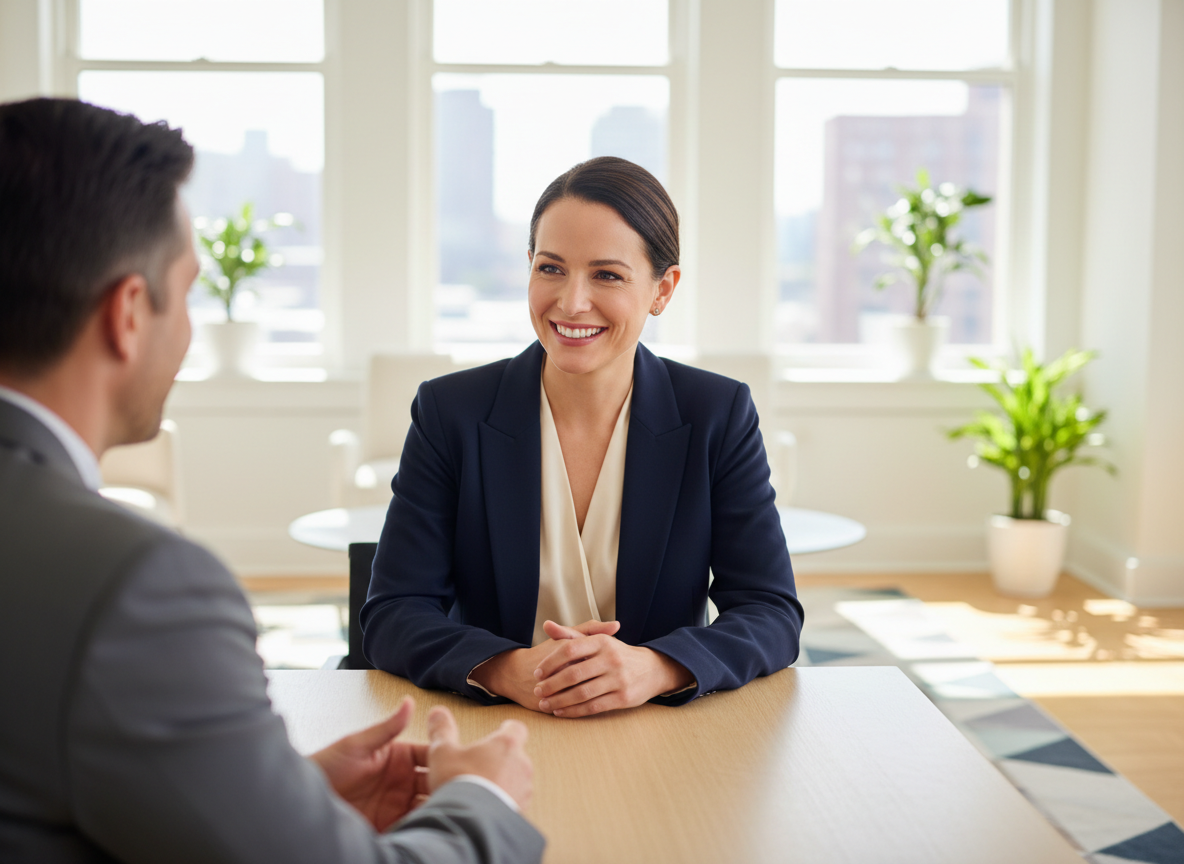 Une professionnelle souriante lors d'une séance de coaching de carrière